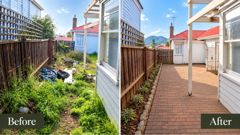 Before and after: overgrown side yard with weeds and debris cleared and replaced by a brick paver walkway