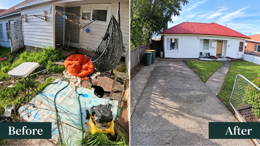 Before and after yard cleanup: cluttered backyard emptied of junk, leaving a clean driveway and lawn