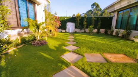 Stepping stone path across a green lawn to a modern house