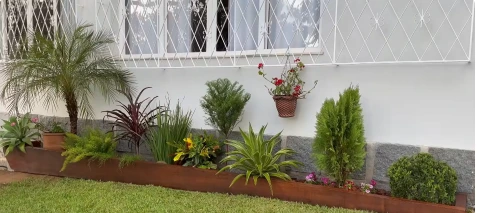 Finished front yard landscaping bed in Las Cruces with palms, shrubs and timber edging along the house